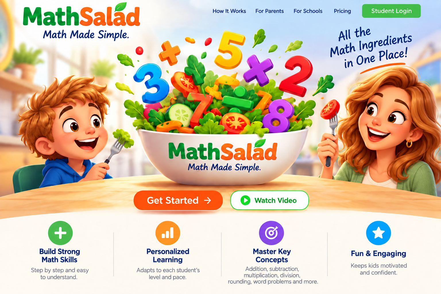 Math Salad. A strawberry-blonde boy and his mother beside a colorful salad bowl filled with math symbols.